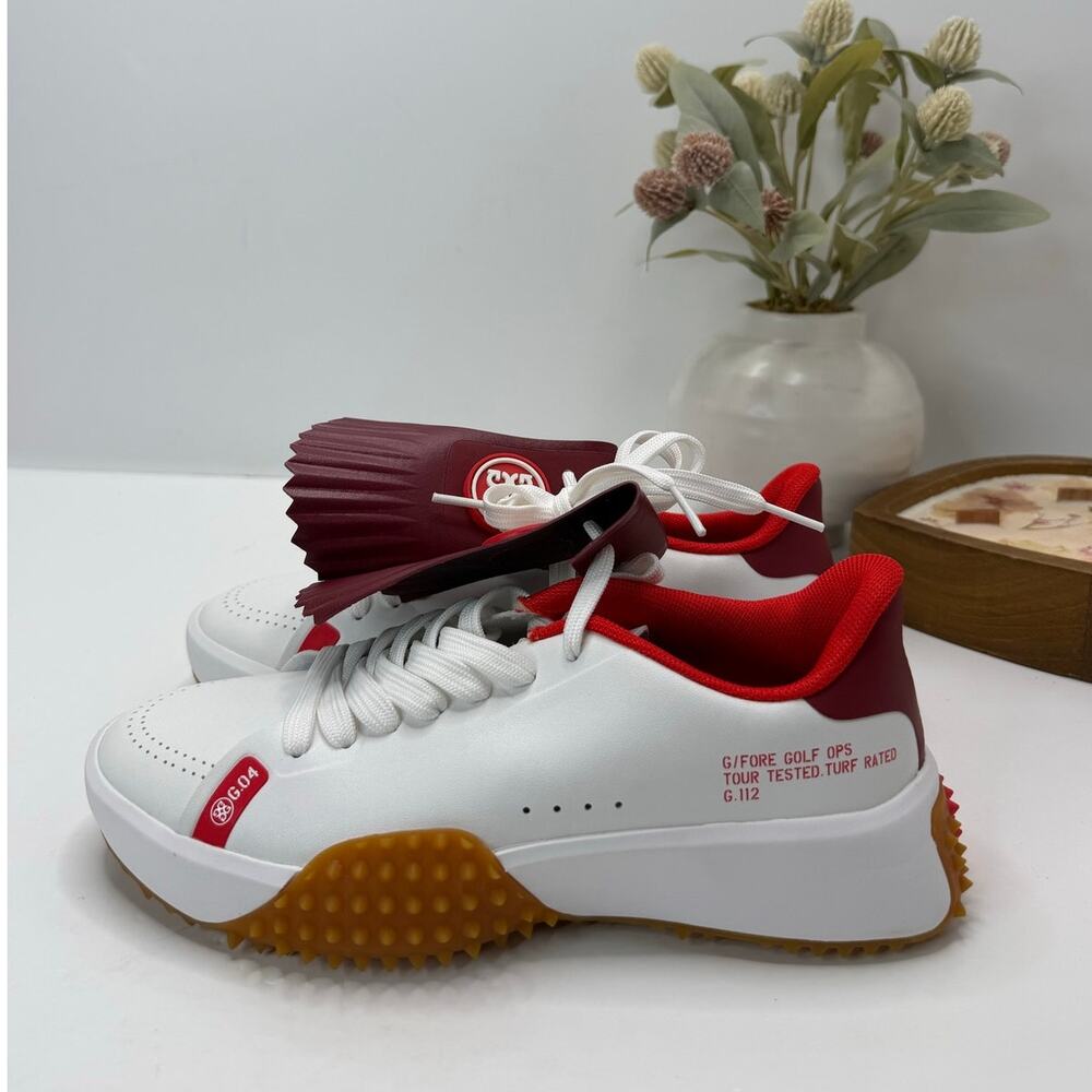 New G/Fore G.112 P.U. Leather Kiltie Golf Shoe Snow/Red Women 6.5 NWOB